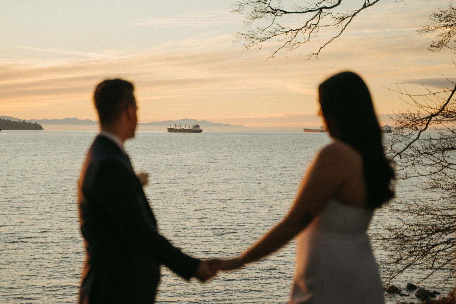 Intimate wedding photography session in golden hour light, Stanley Park, Vancouver BC
