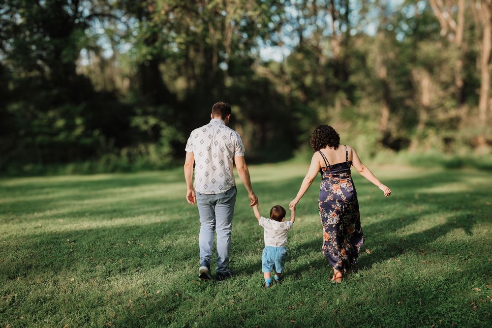 Family holding hands while walking together on a grassy lawn surrounded by trees on a sunny afternoon.