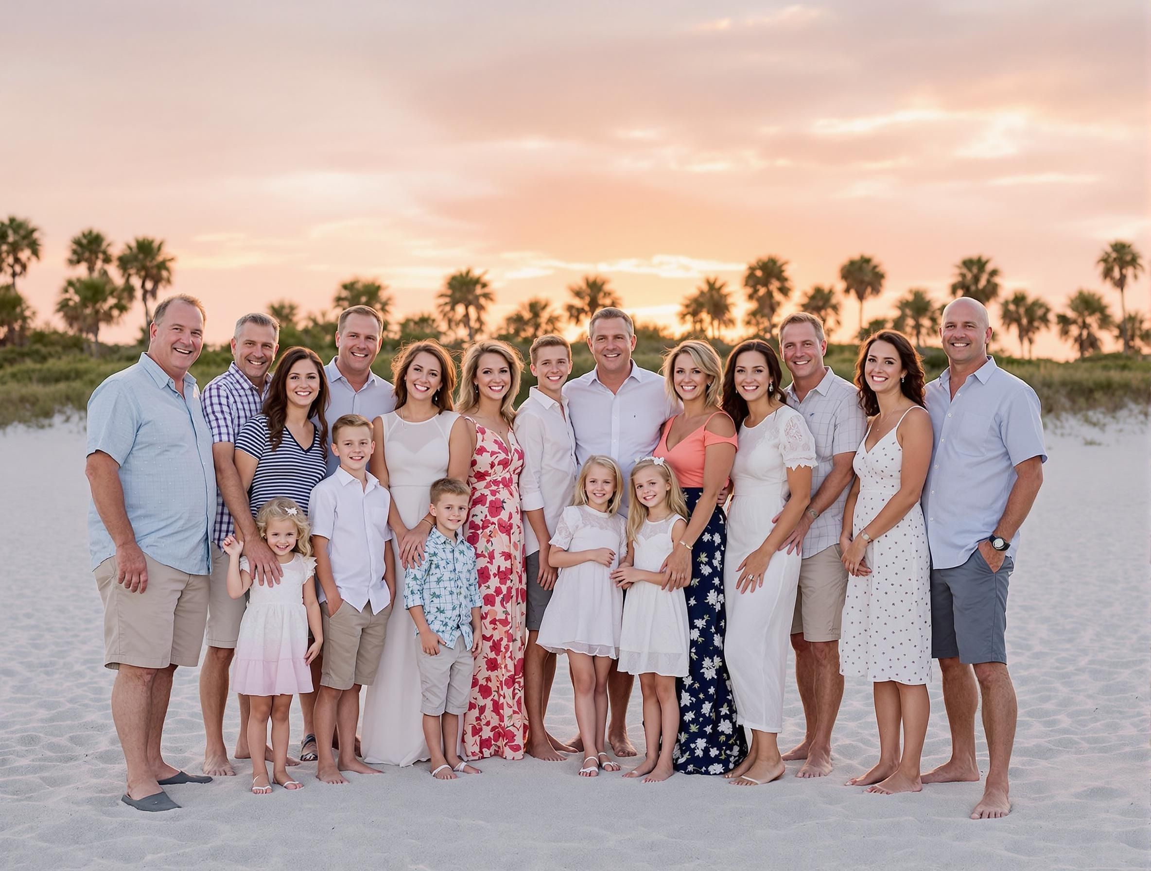 Large family group poses together on a beach at sunset with palm trees silhouetted in the background.