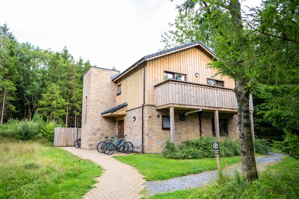 Modern two-story vacation home with wooden balcony and stone facade nestled among trees on a winding path.