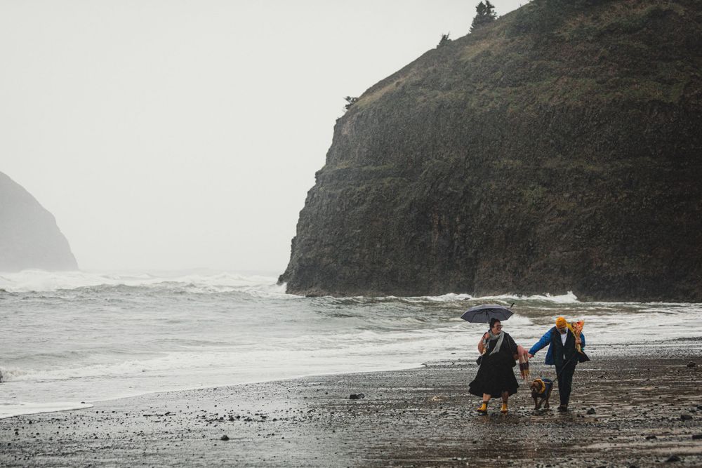 Two figures and their dog walk along a dramatic Pacific Northwest beach with rocky cliffs.
