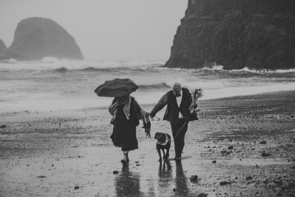 A black and white photo of two people walking with their dog on a moody beach.