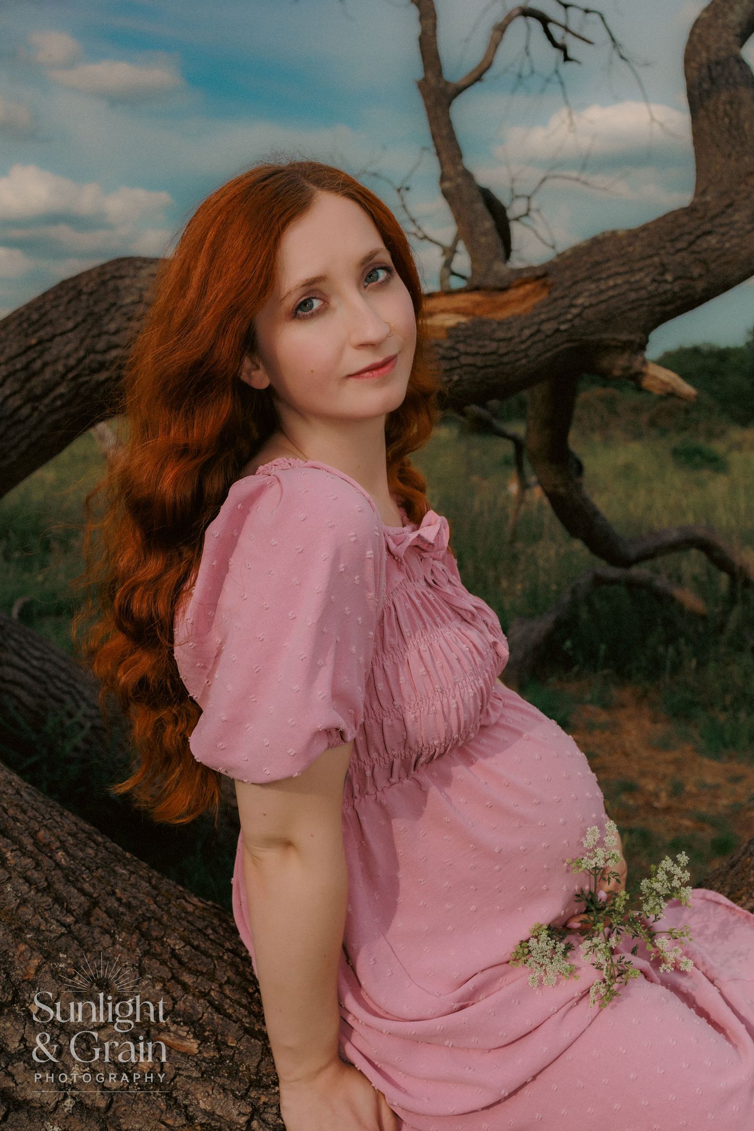 red head pregnant woman in pink dress sat on a tree in Thetford ,vivid colour, natural lighting. maternity