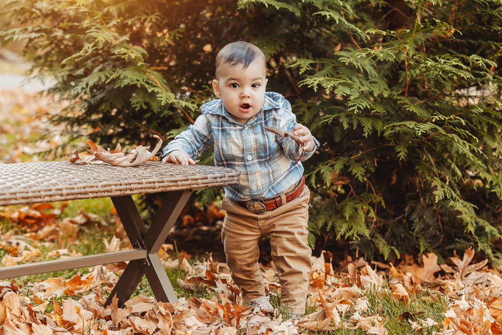 A toddler in a plaid shirt and brown pants stands near fallen autumn leaves and a wooden bench.