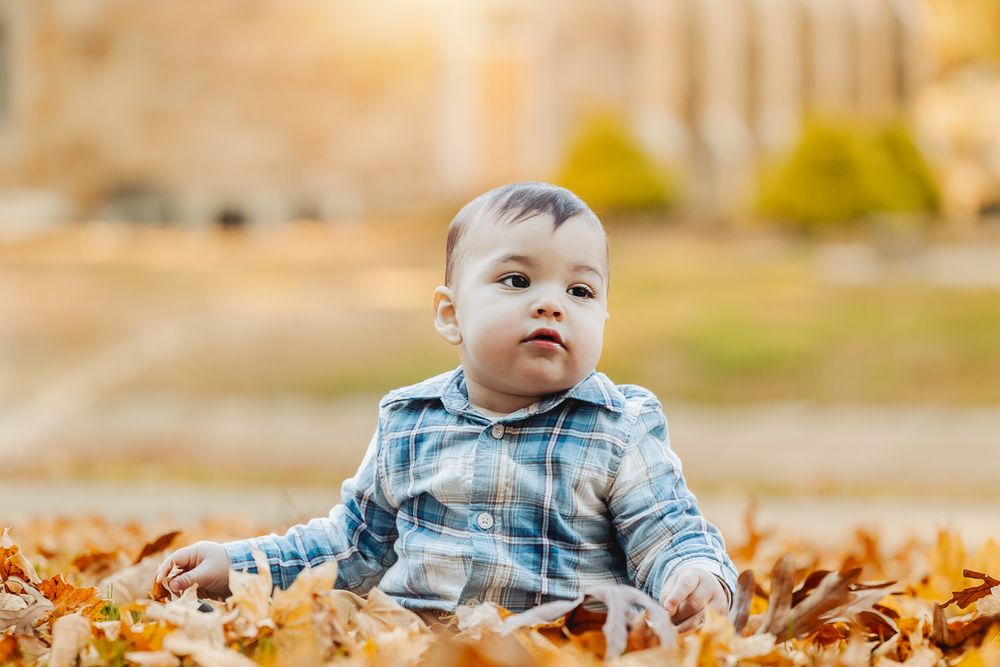Baby sitting in autumn leaves wearing plaid shirt during outdoor photo session.