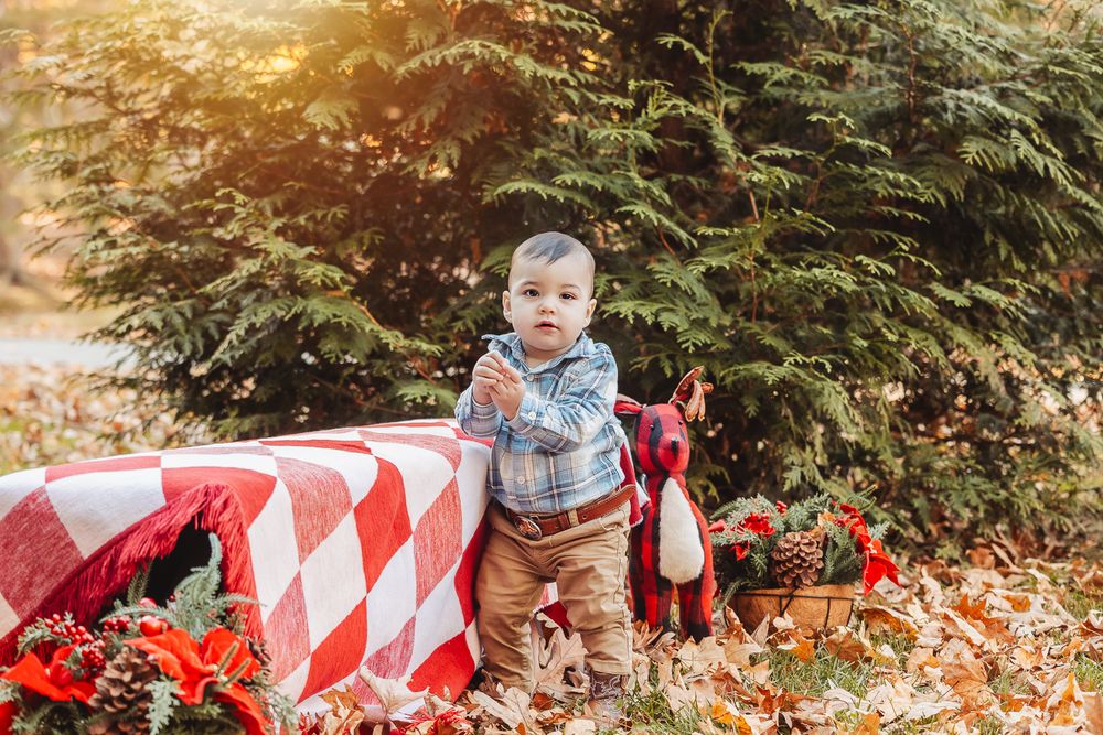 Baby in plaid shirt standing by red and white checkered blanket near evergreen trees.