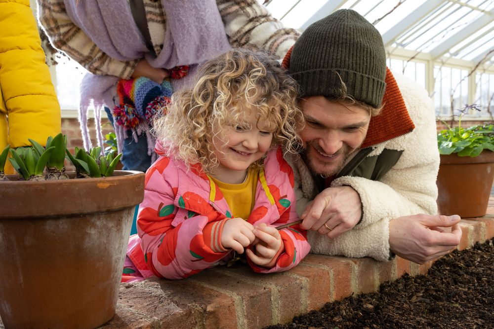 People planting and gardening together with potted plants in a sunny greenhouse setting.