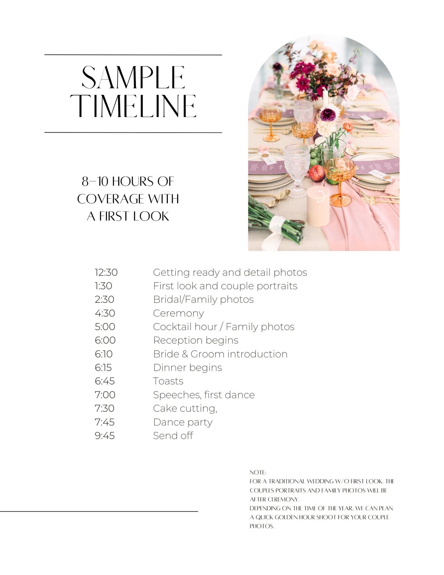 Wedding day sample timeline showing hourly schedule with pink place setting and floral centerpiece. sample wedding timeline