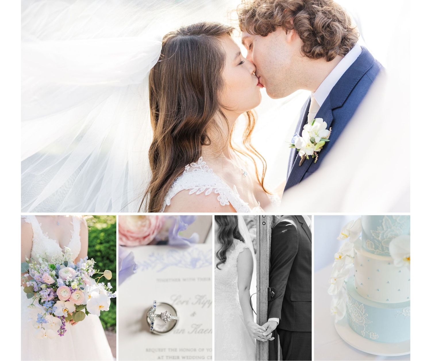 Wedding collage featuring rings, pastel purple bouquet, close up of couple, and elegant white tiered cake with sugar flowers.