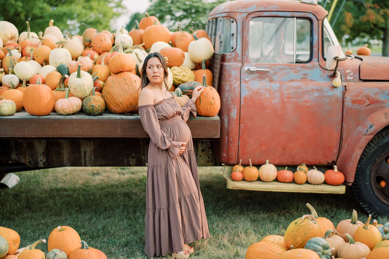 A rustic fall scene features a vintage red truck loaded with pumpkins and gourds in a pastoral setting.