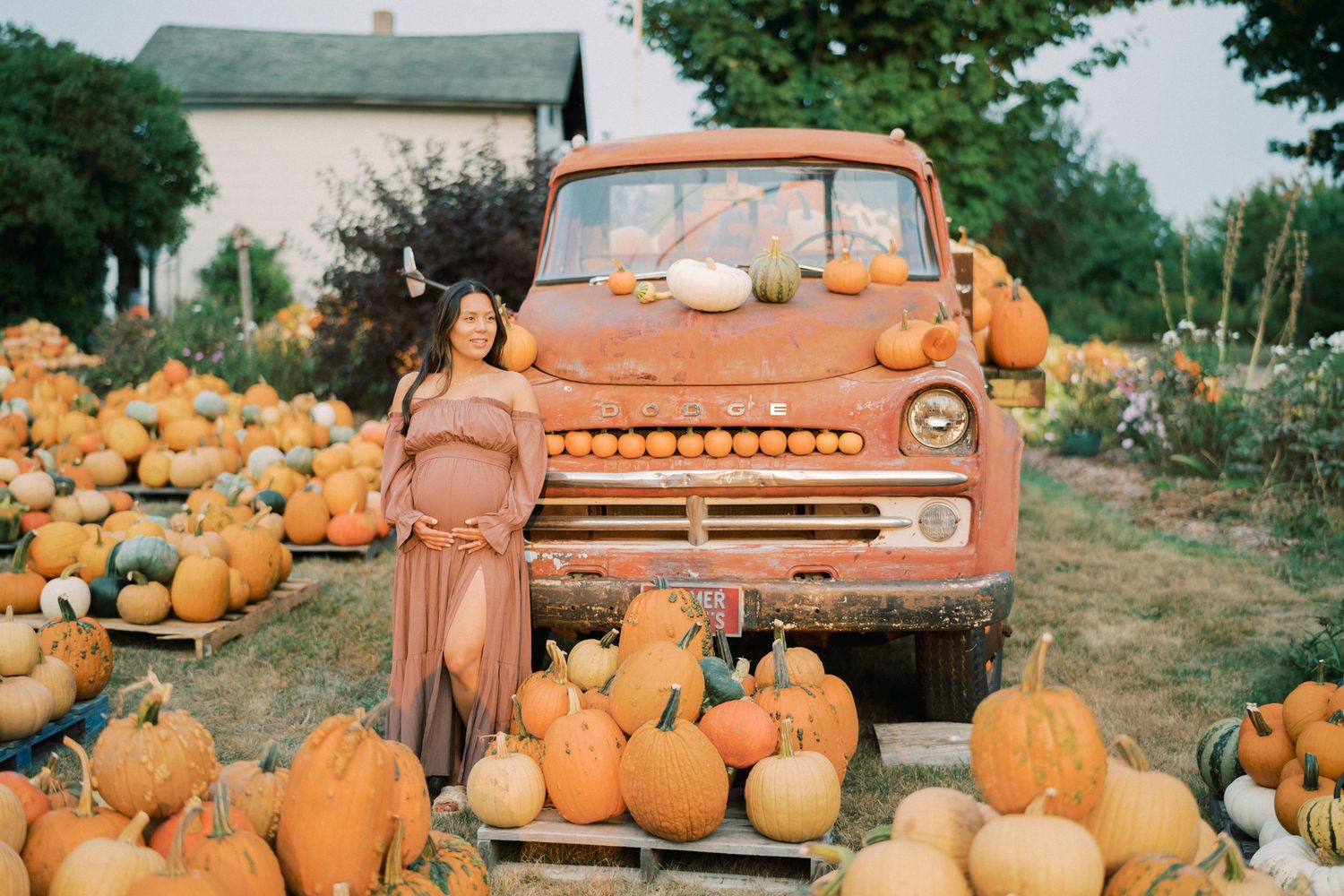 A classic orange vintage truck sits among scattered pumpkins with a house in the background.