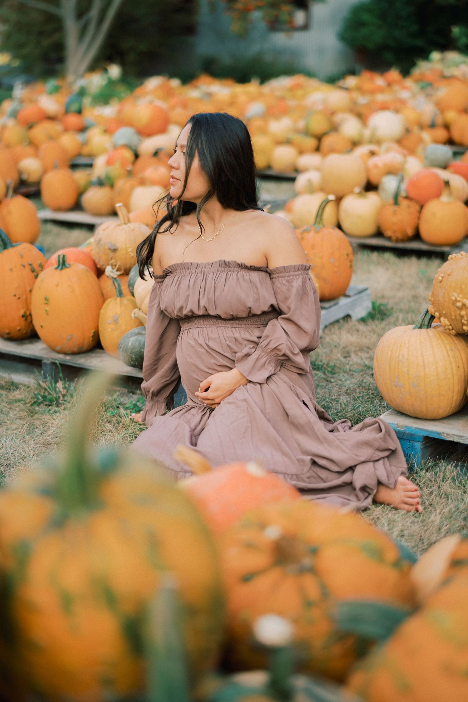 A mauve dress contrasts beautifully with orange pumpkins scattered across an autumn field.