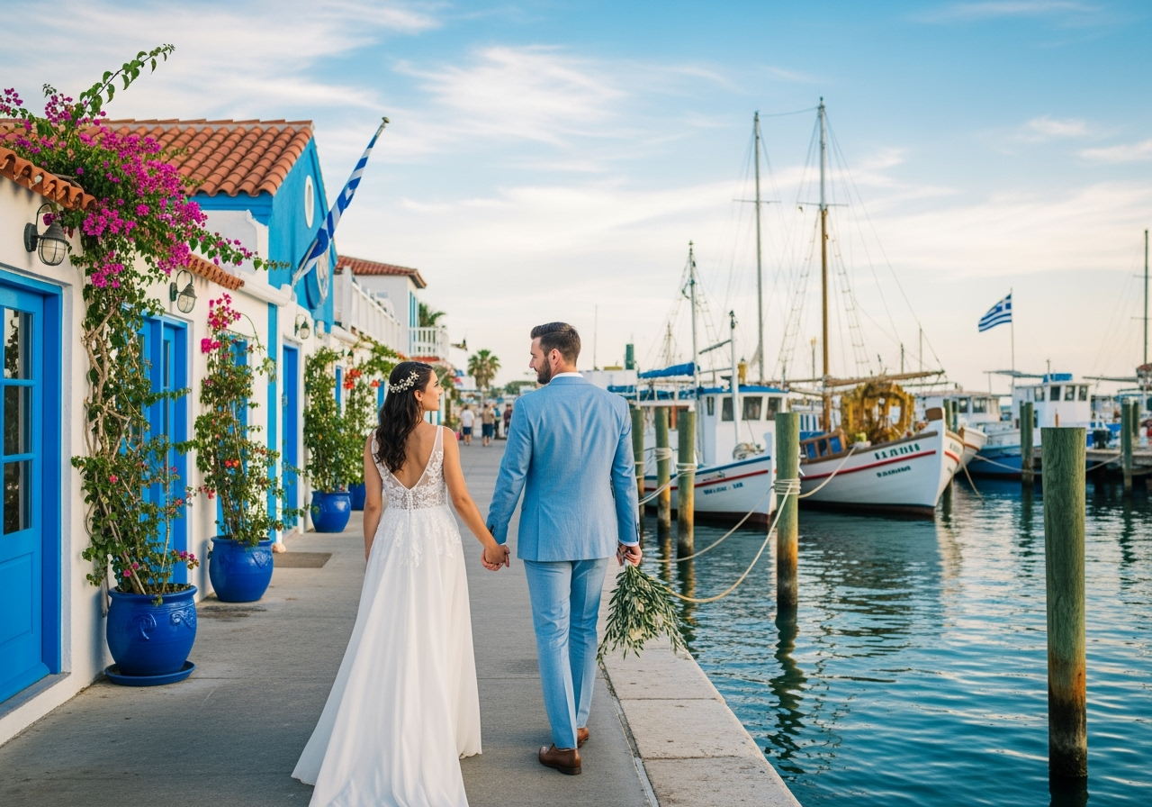 A couple in wedding attire walks along a marina dock with white boats and Mediterranean-style buildings in background.