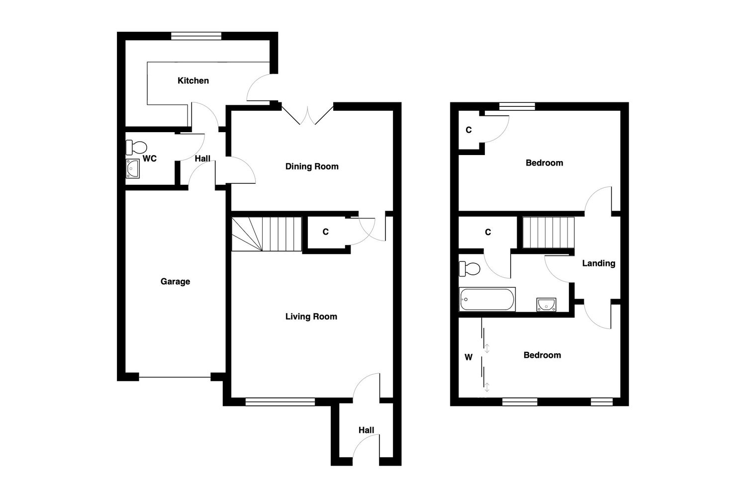 Two-story townhouse floor plan showing garage, kitchen, dining room, living room downstairs and two bedrooms upstairs.