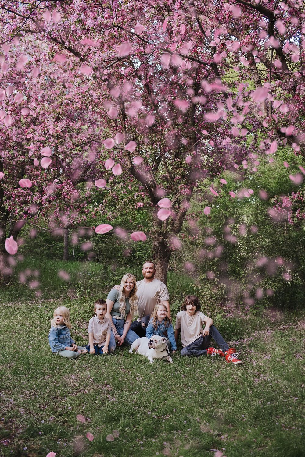 A group sits together on grass beneath a blooming pink cherry blossom tree in spring.