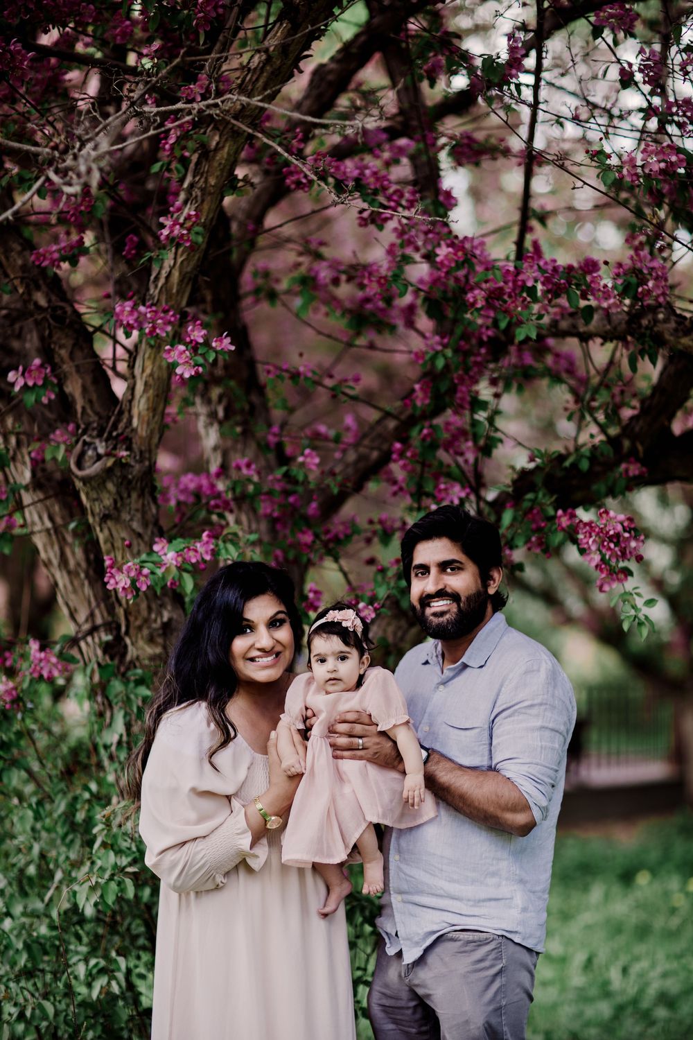 Family portrait under blooming pink cherry blossoms on a spring day in a garden setting.