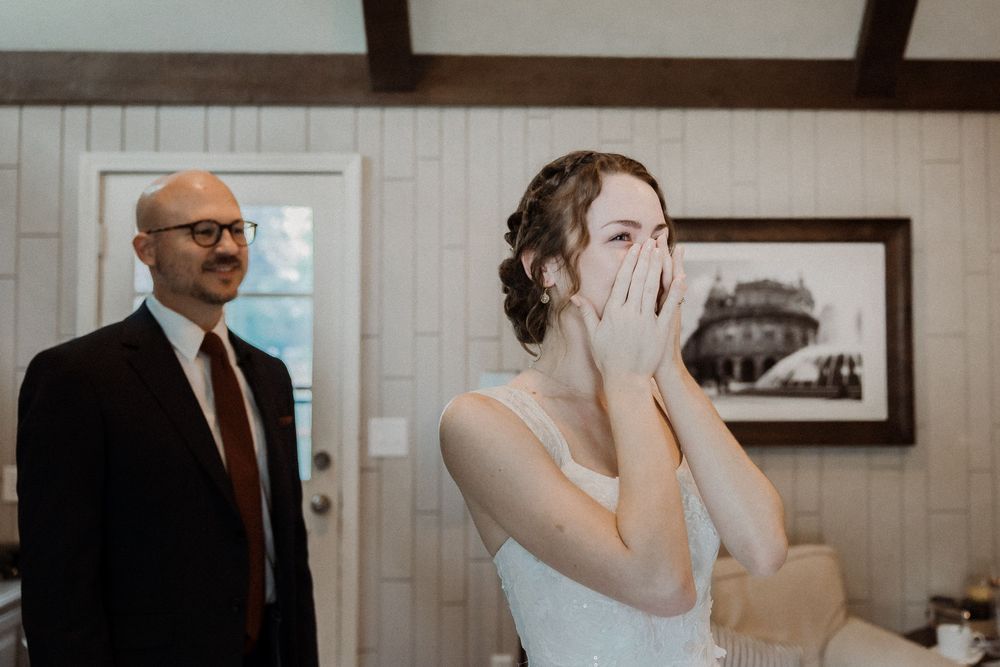 Emotional first look between bride and dad, surrounded by sunlight and sentiment — a timeless before the bride and groom first look.