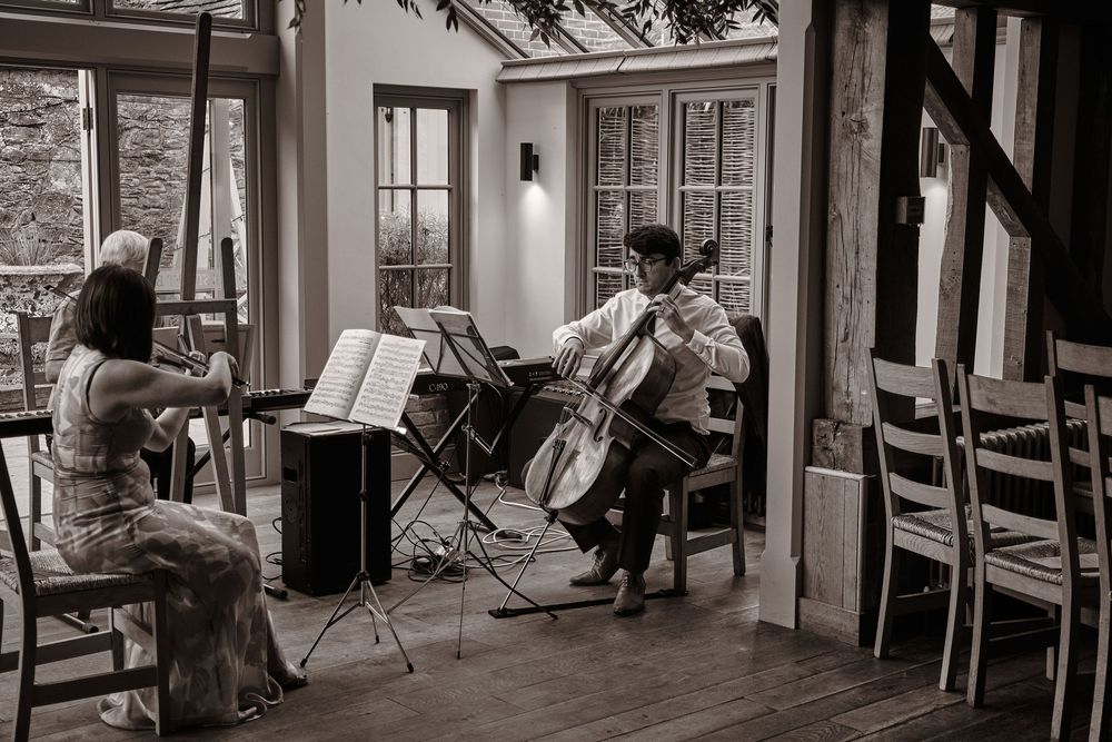 Two musicians rehearse together in a sunlit room, one playing cello and another with sheet music on a stand.