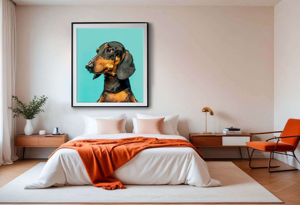 Modern minimalist bedroom with white bedding, orange throw blanket, and large framed dog portrait on turquoise background.