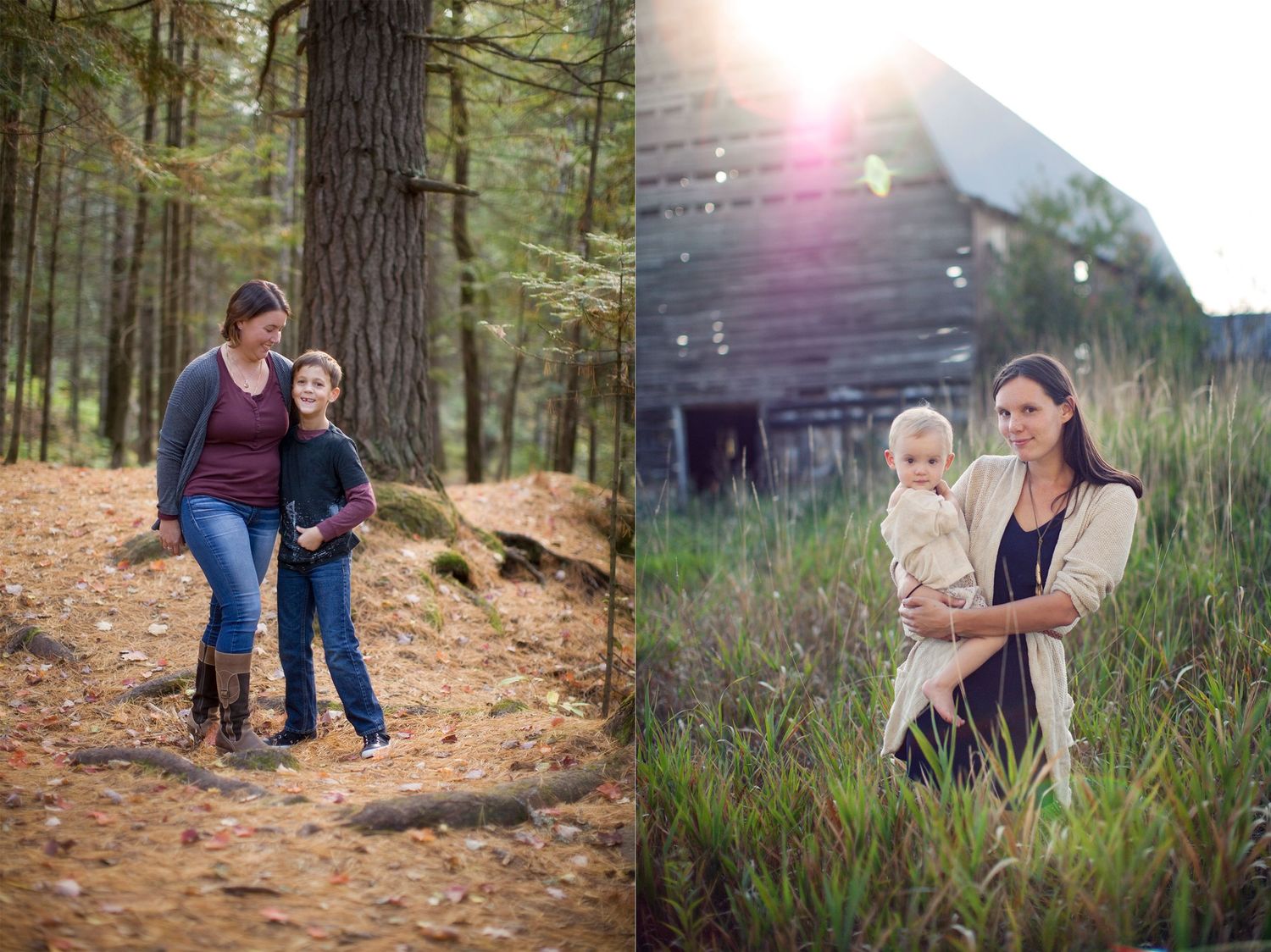 Two scenic outdoor family portrait photographs showing intimate moments in a forest and by a rustic barn at sunset. Superior Duluth
