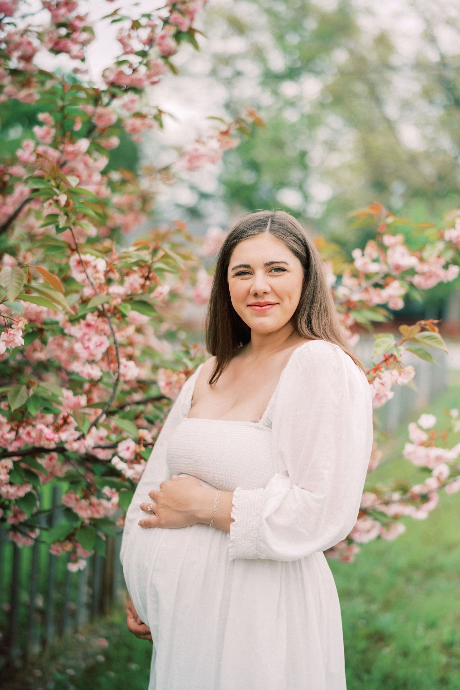 A serene springtime maternity photoshoot among blooming pink cherry blossoms in a garden setting.