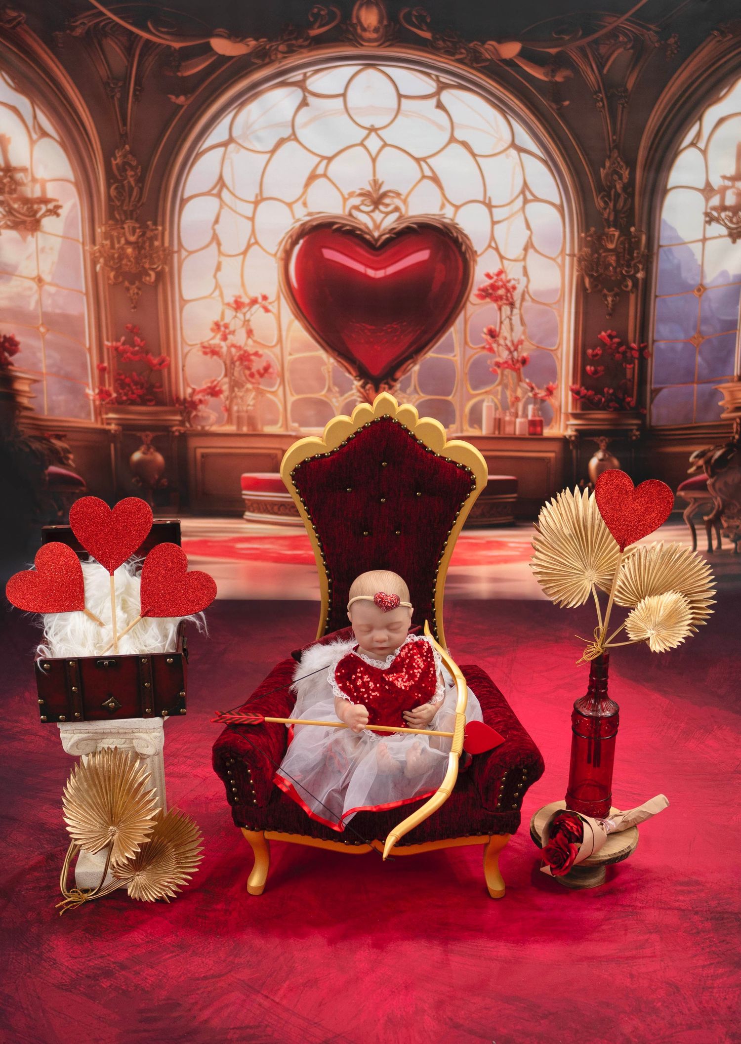 Romantic red and gold themed photo setup with ornate throne and heart decorations.