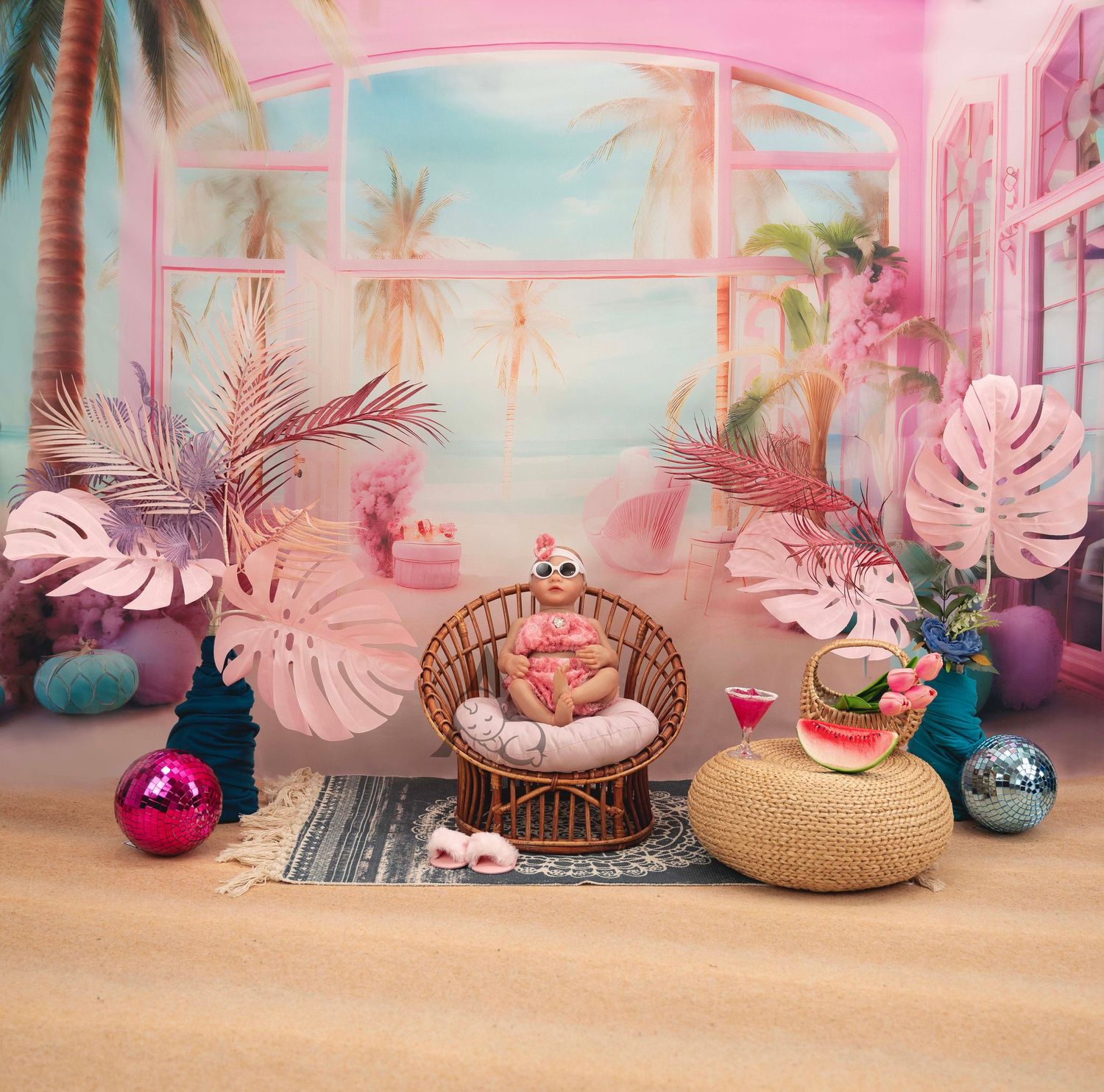 Tropical-themed pink room with wicker furniture and decorative palm leaves.