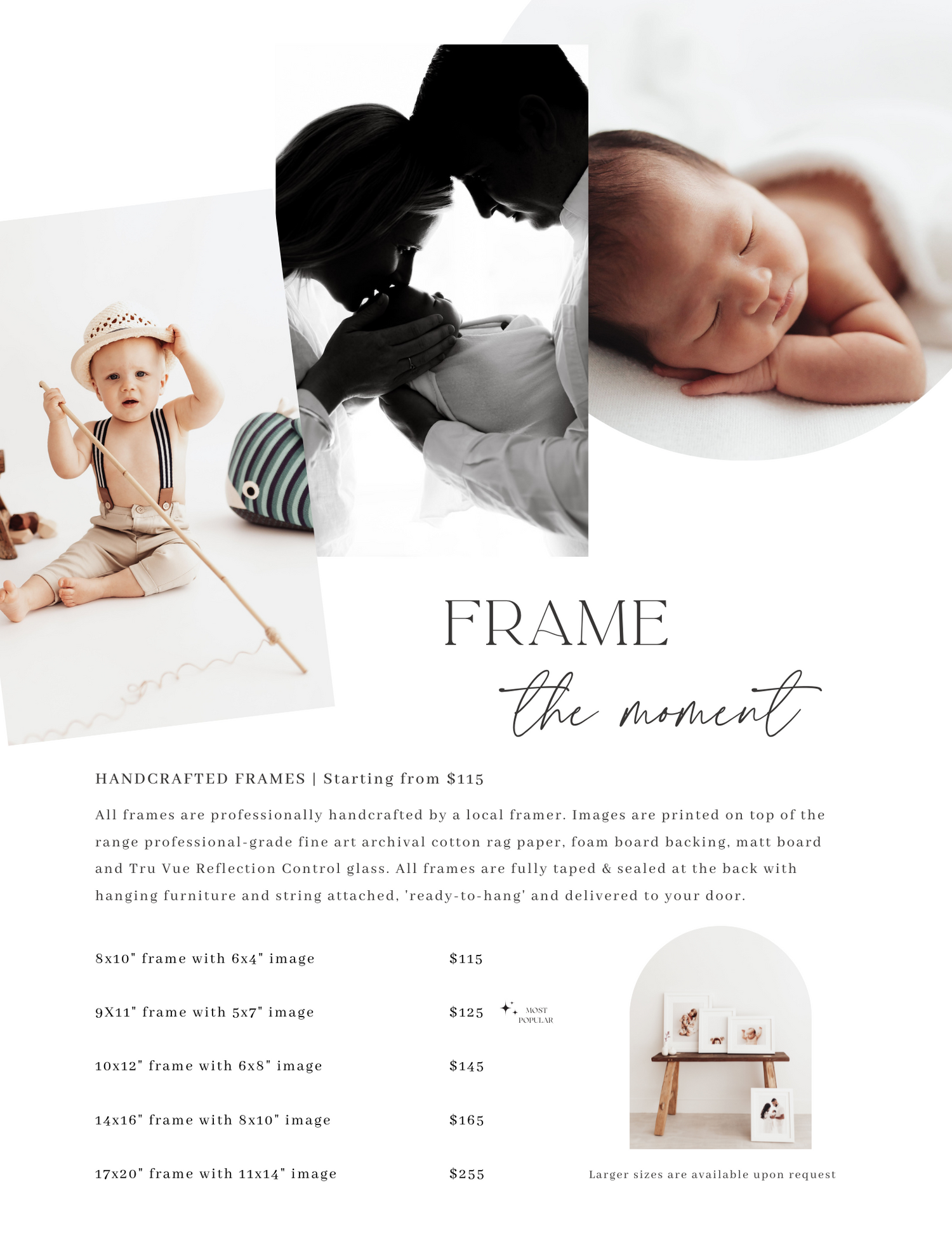 A collage of three photos showing a baby photo shoot frame pricing guide with elegant typography.
