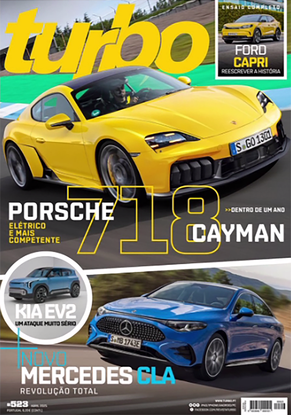 Auto magazine cover featuring a yellow Porsche Cayman 718, blue Mercedes CLA, and classic Ford Capri.