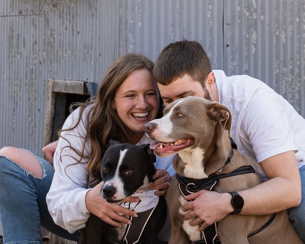 Happy couple poses with their two dogs against rustic metal wall outdoors.