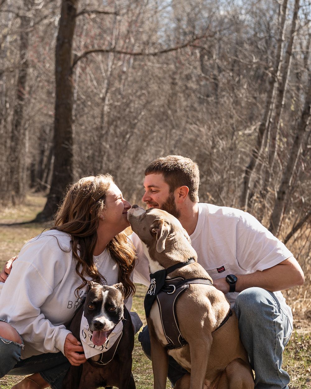 Happy couple shares joyful moment with their two dogs in wooded area.