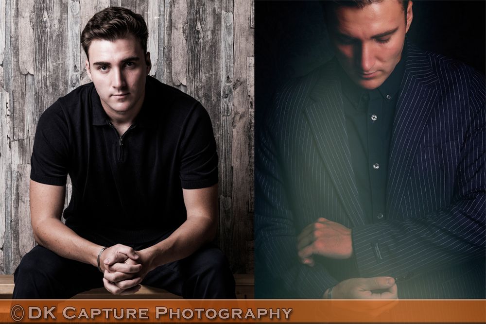 Professional studio portraits showing side-by-side views of person in black polo and pinstripe jacket against rustic backdrop.