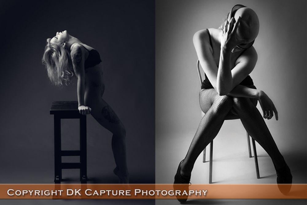 Black and white diptych of minimalist artistic nude poses on studio furniture.