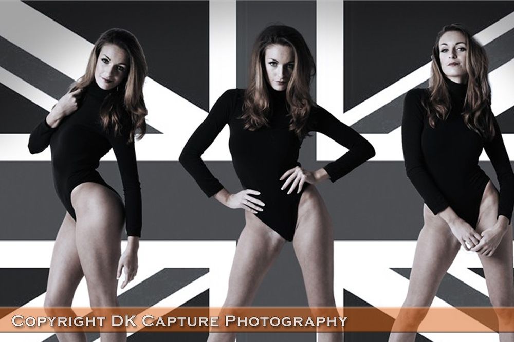 Fashion triptych series with Union Jack background and black bodysuits.