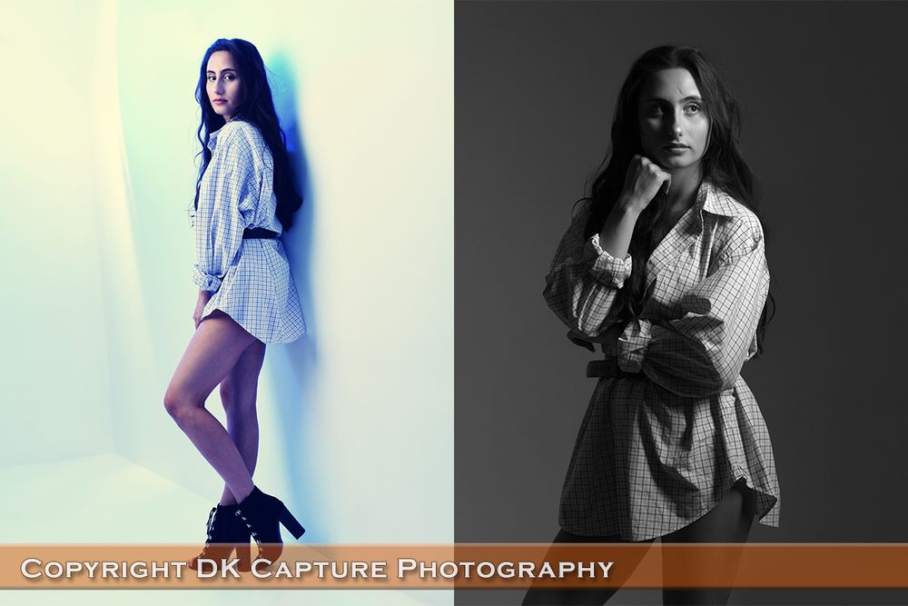 Fashion editorial split image showing contrasting color and black and white portraits in an oversized shirt.