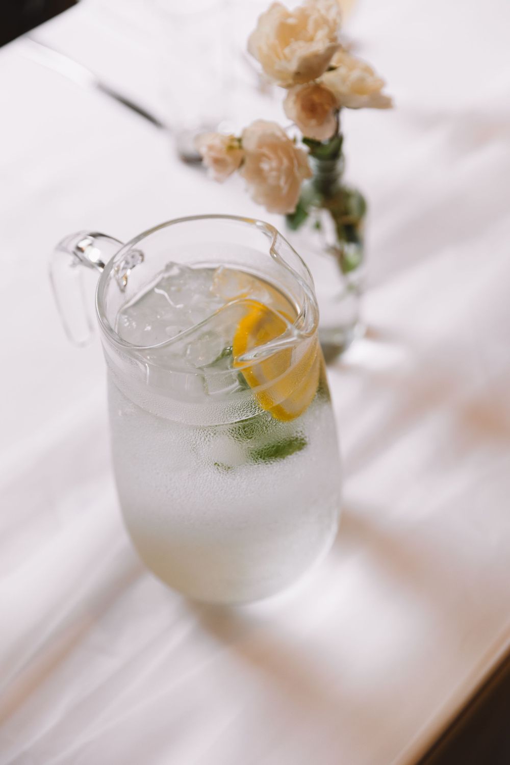 A refreshing glass of sparkling water with citrus garnish and ice cubes served beside pale carnations.