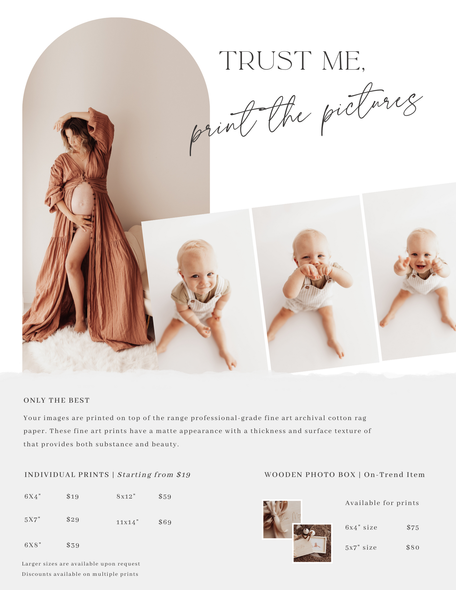 Modern photography pricing guide template with neutral tones and soft fabric textures.