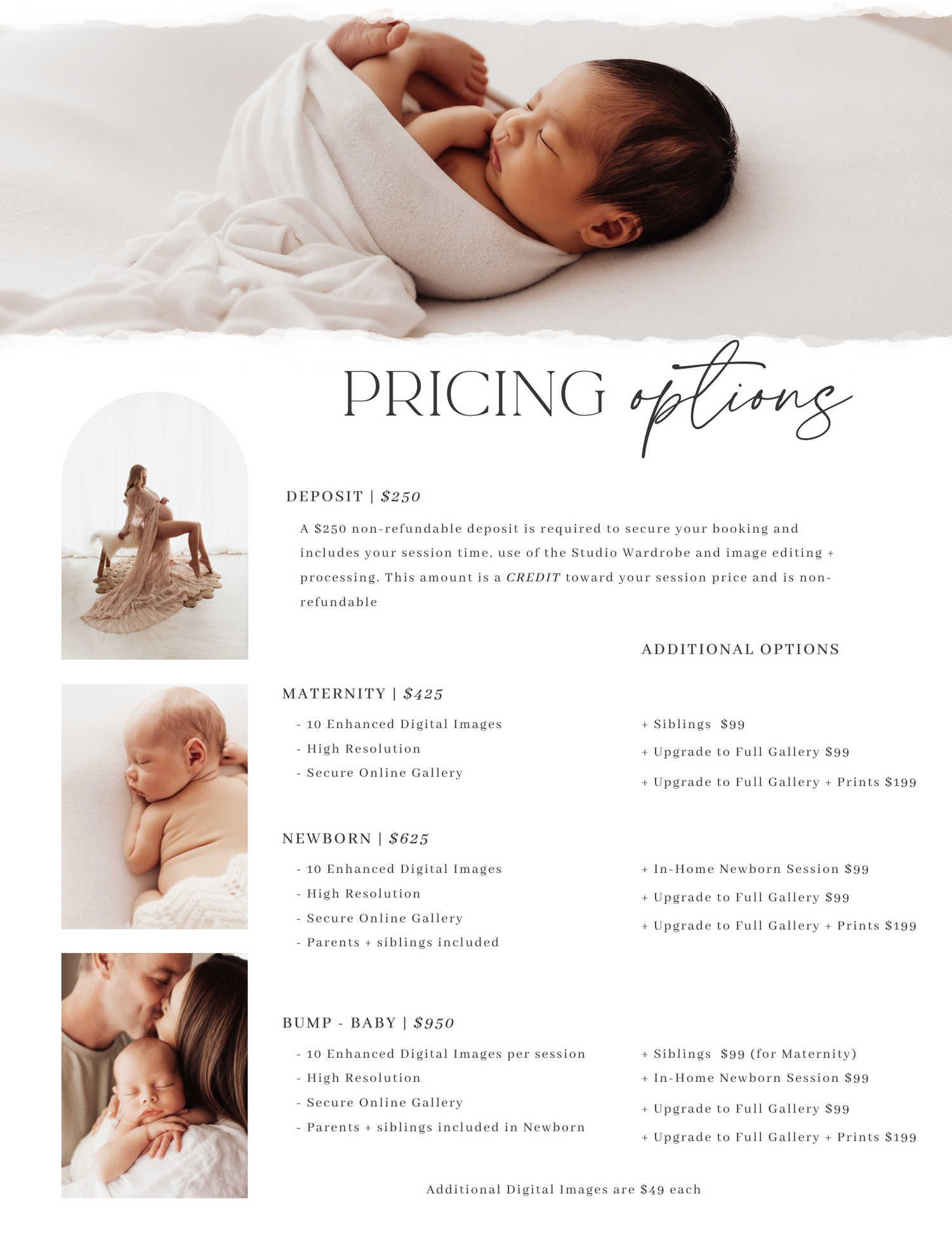 A pricing menu template showcasing newborn photography packages with sample images and service tiers on a clean white background.