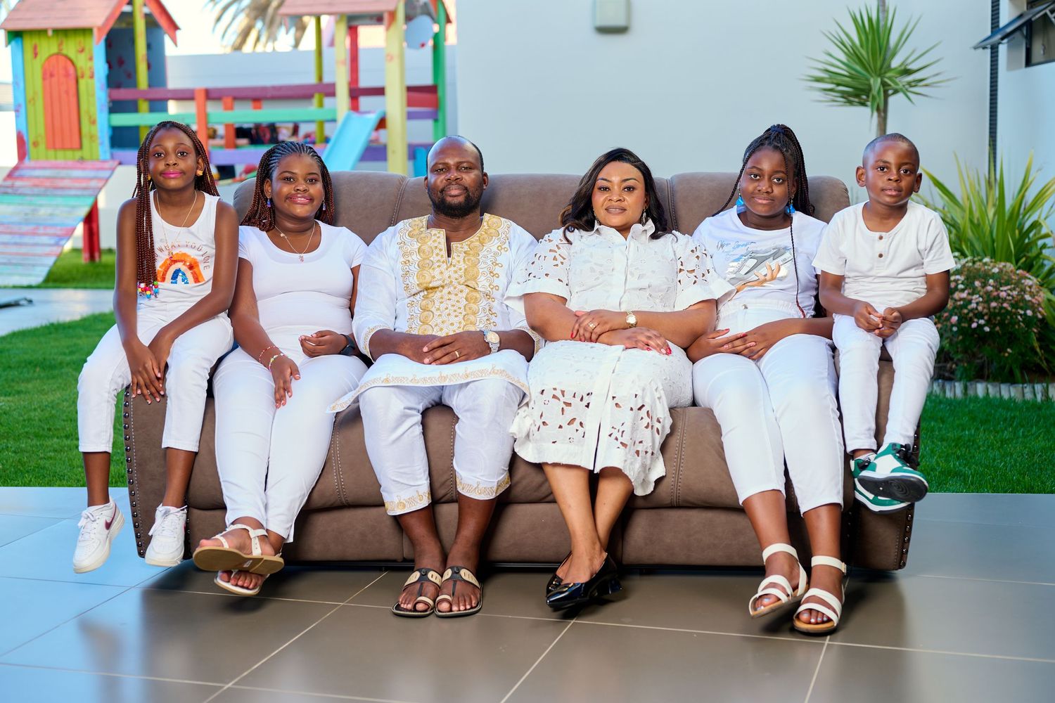family wearing white seating