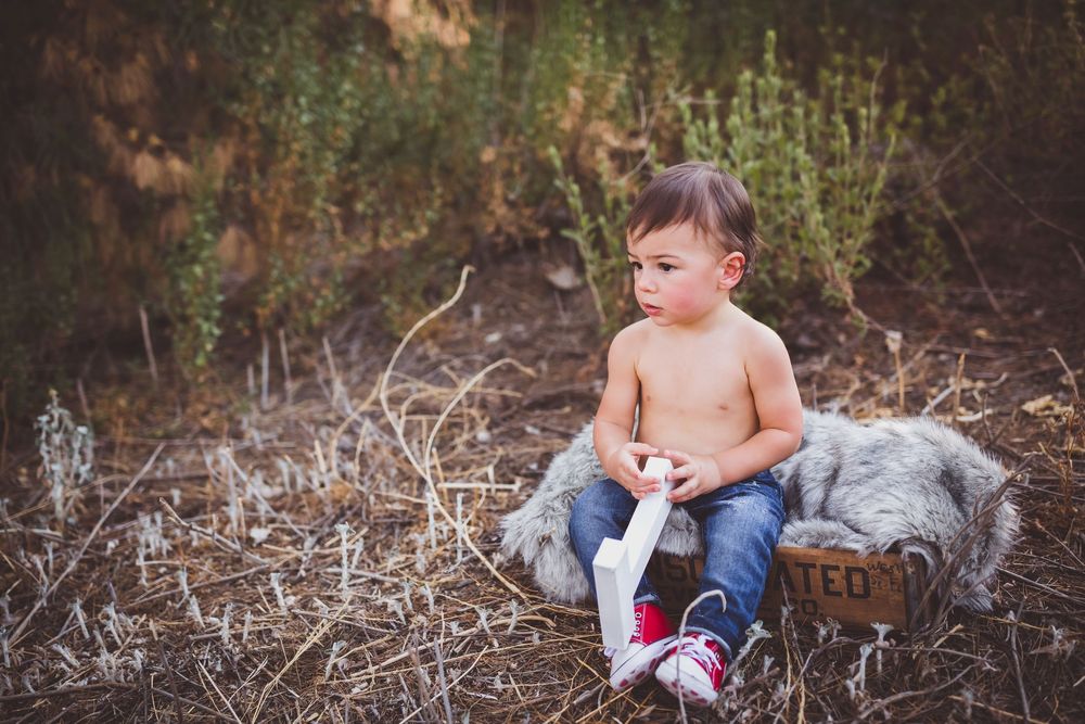 A shirtless toddler sitting on a rustic wooden box in a natural outdoor setting among dry grass and plants.