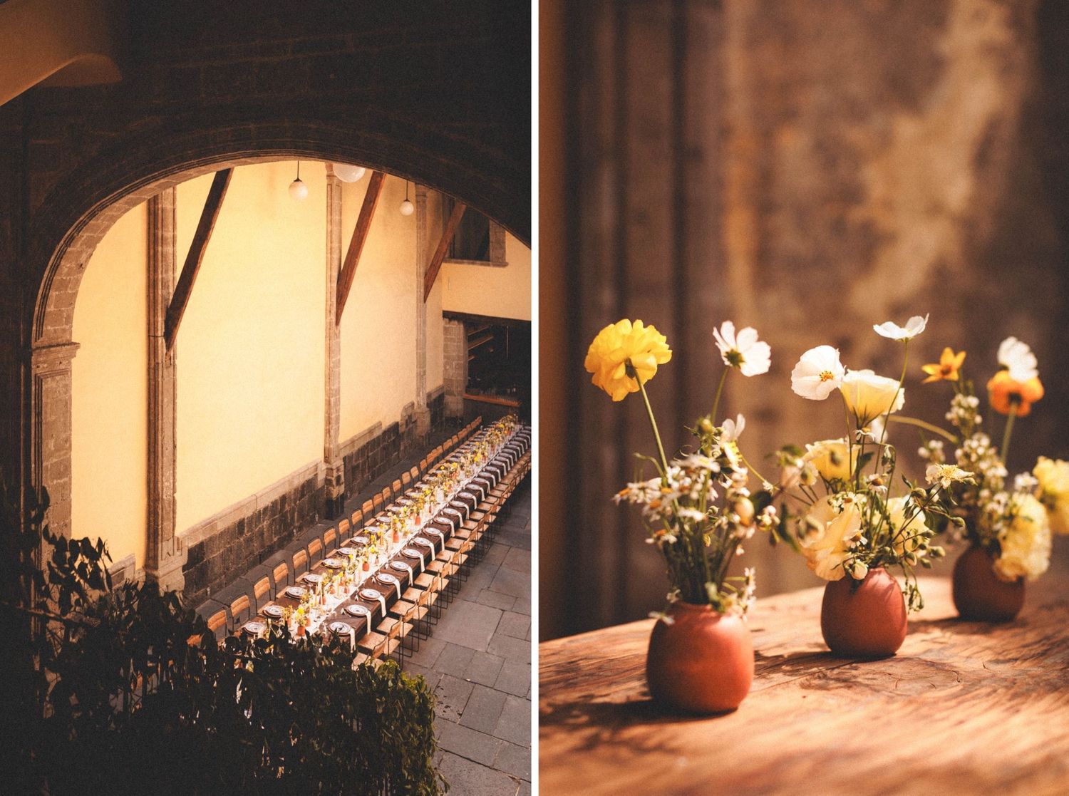 Sequence of arched interior spaces with formal dining setups and floral decorations.