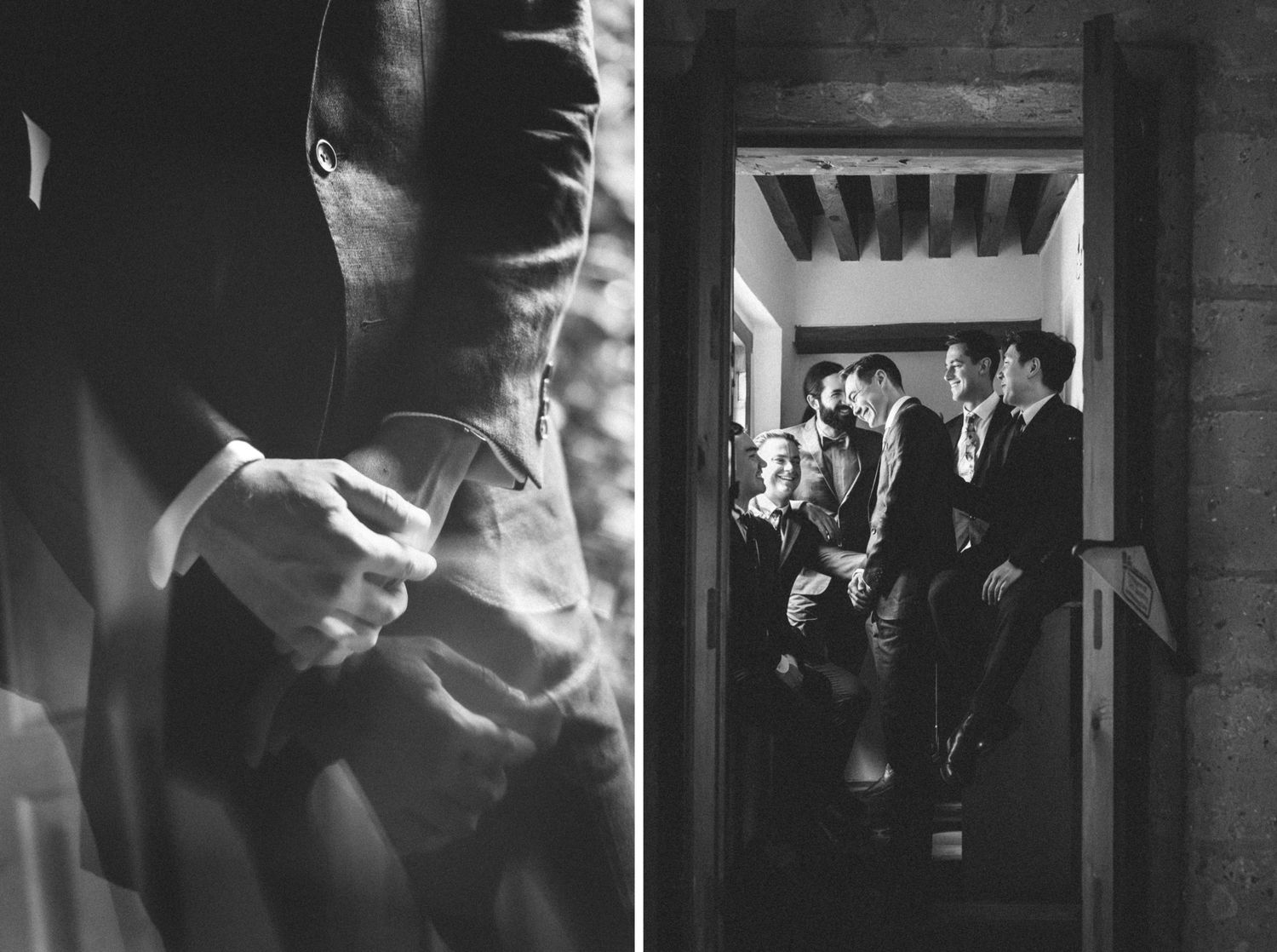 Artistic black and white wedding photography showing two candid shots with dramatic lighting and shadows.