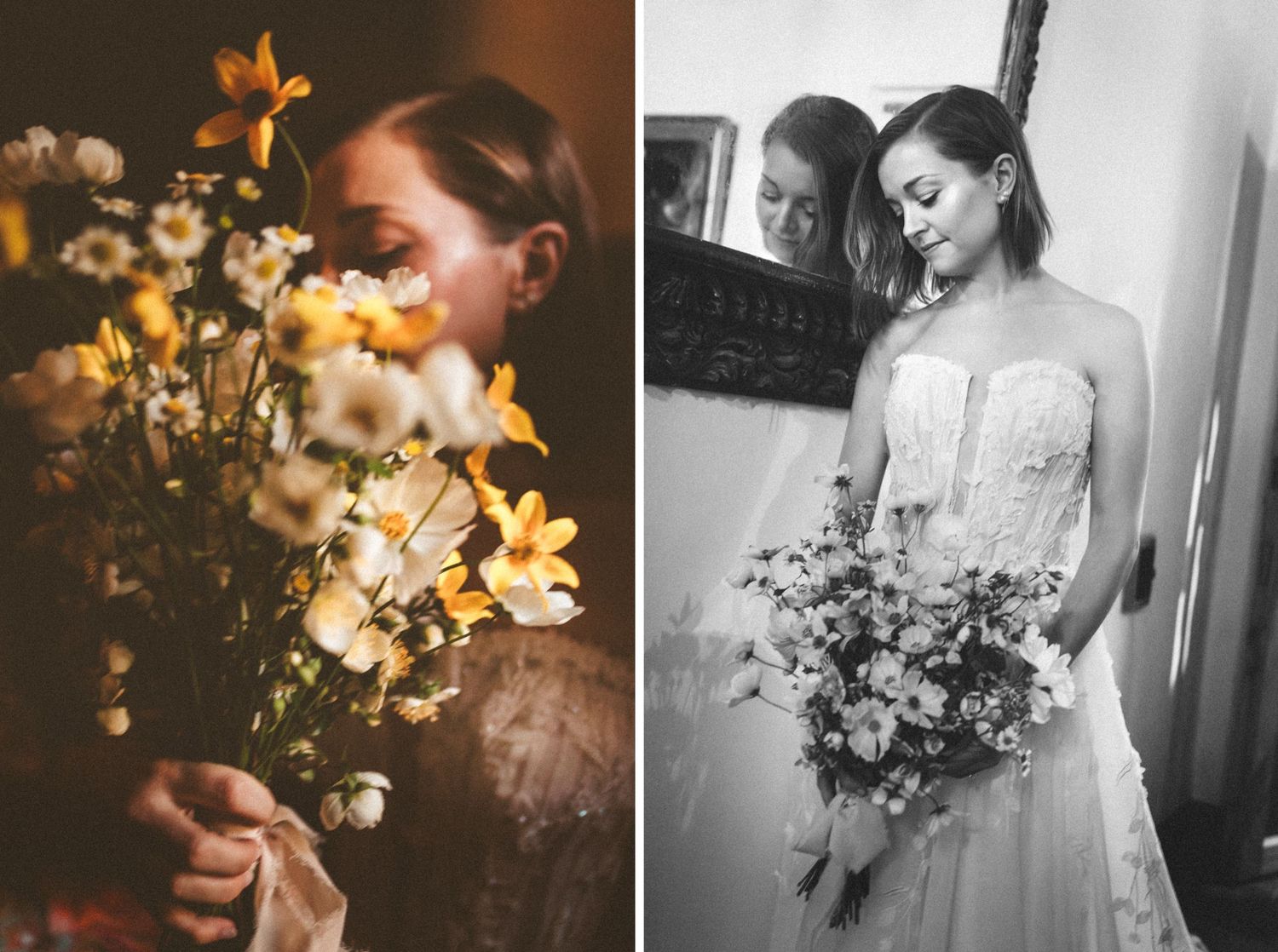 Diptych of yellow flowers and elegant bridal portrait with bouquet.