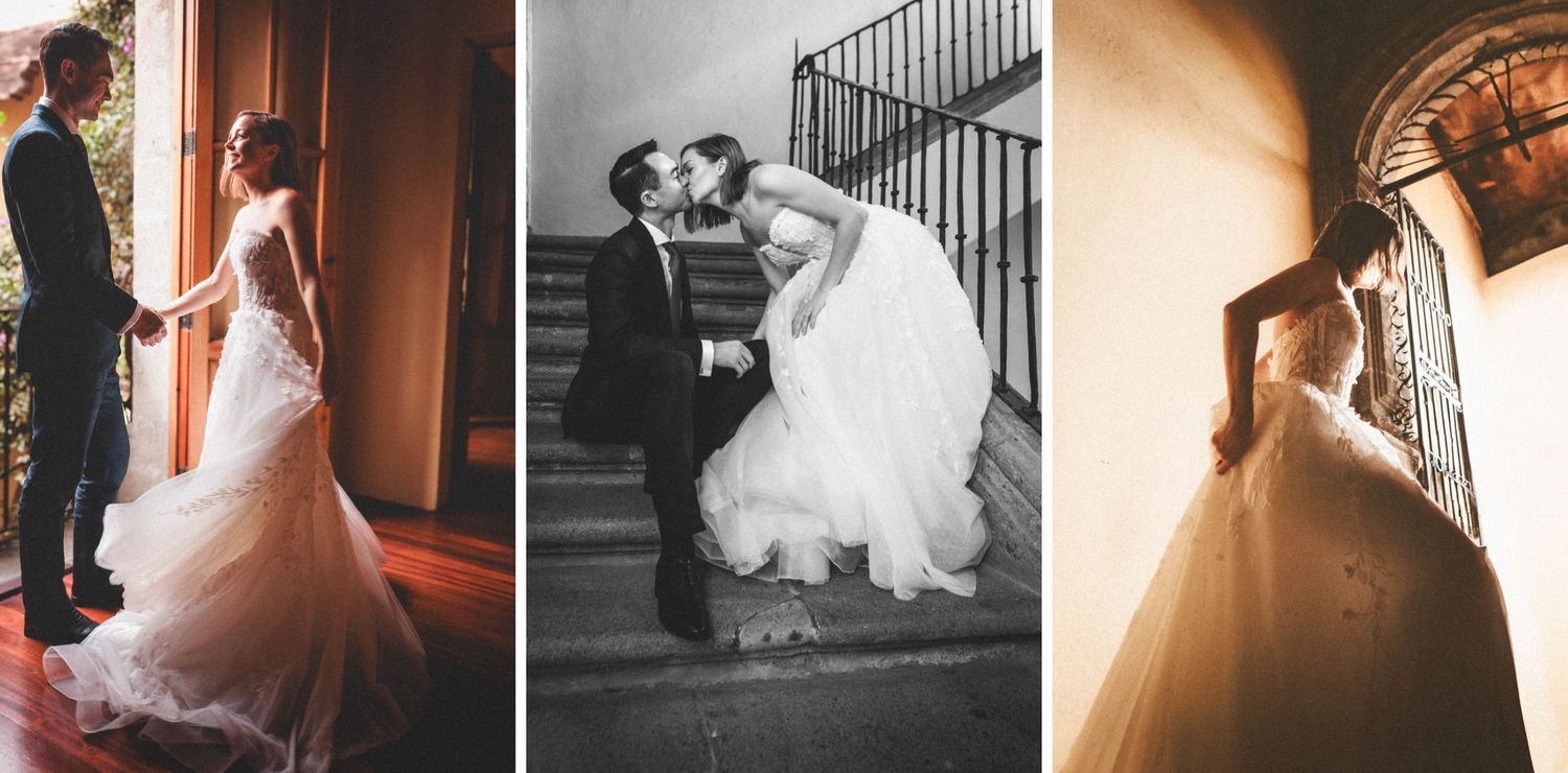 Triptych of romantic wedding dress moments in different lighting conditions.