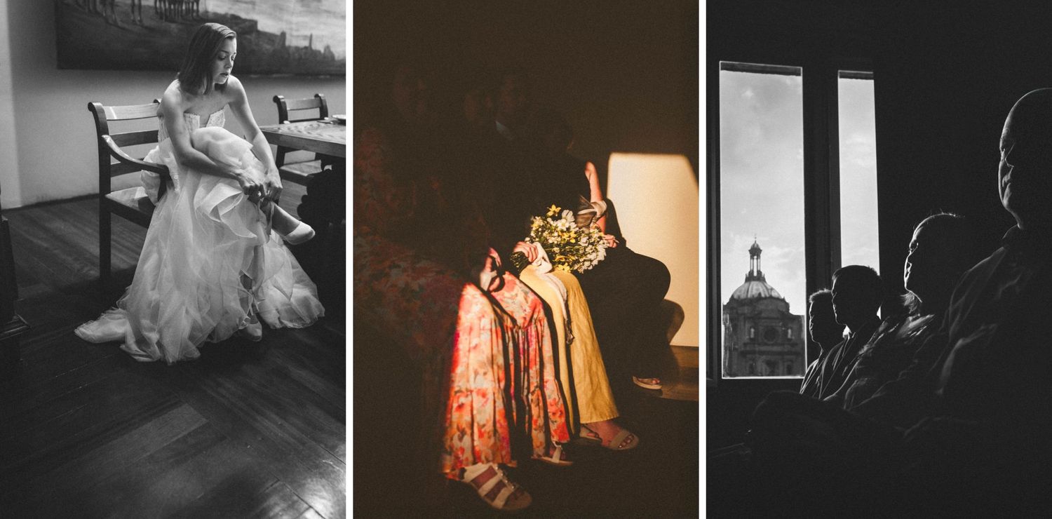 A triptych of artistic wedding moments showing dress details and silhouettes.