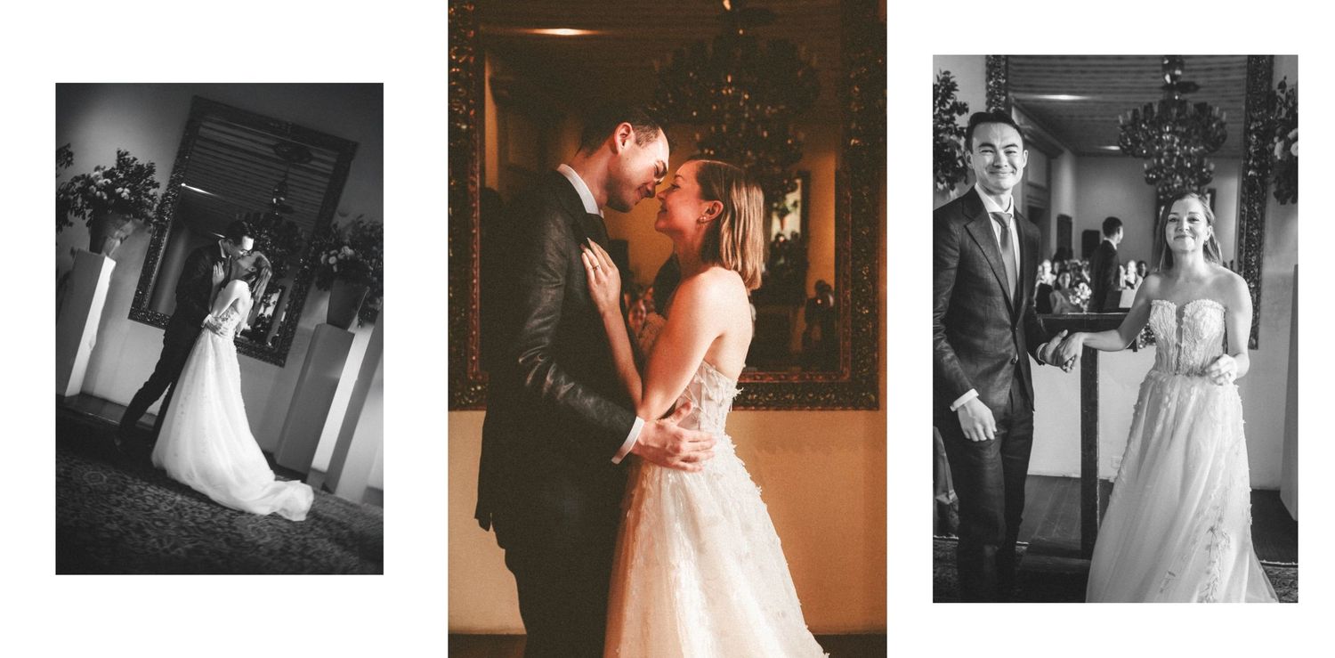 Wedding photo collage showing three romantic moments in black and white and color.