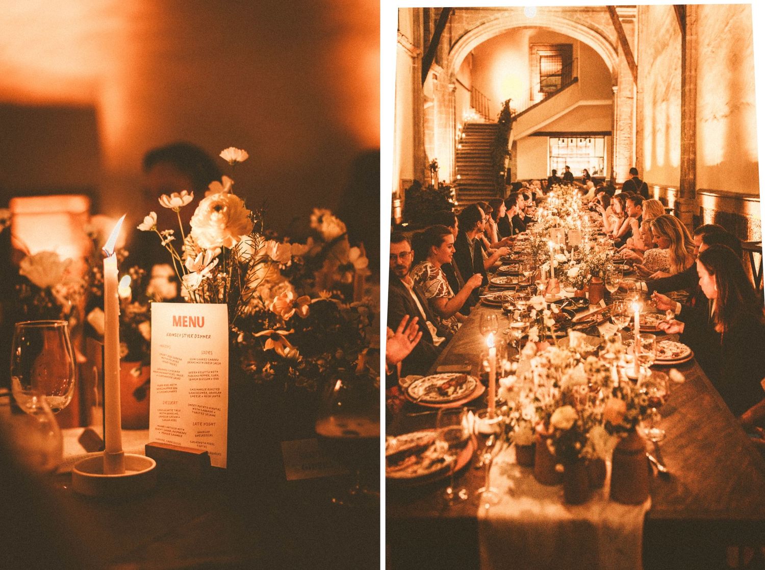 Elegant wedding reception tables decorated with glowing candlelight and floral centerpieces create a romantic atmosphere.