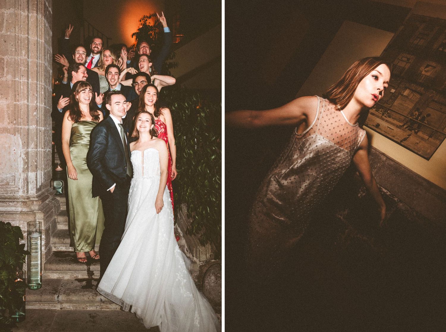 Wedding celebration captures dancing and joy in a warmly lit historic venue.