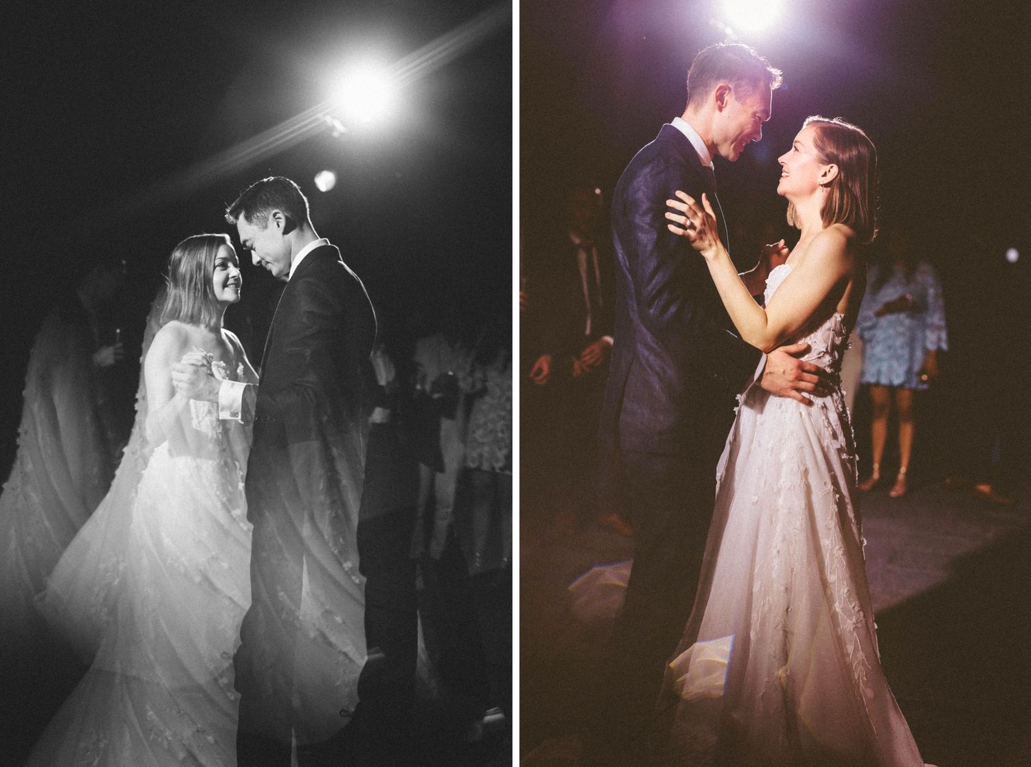 Romantic couples share intimate dances on a dimly lit wedding reception dance floor.
