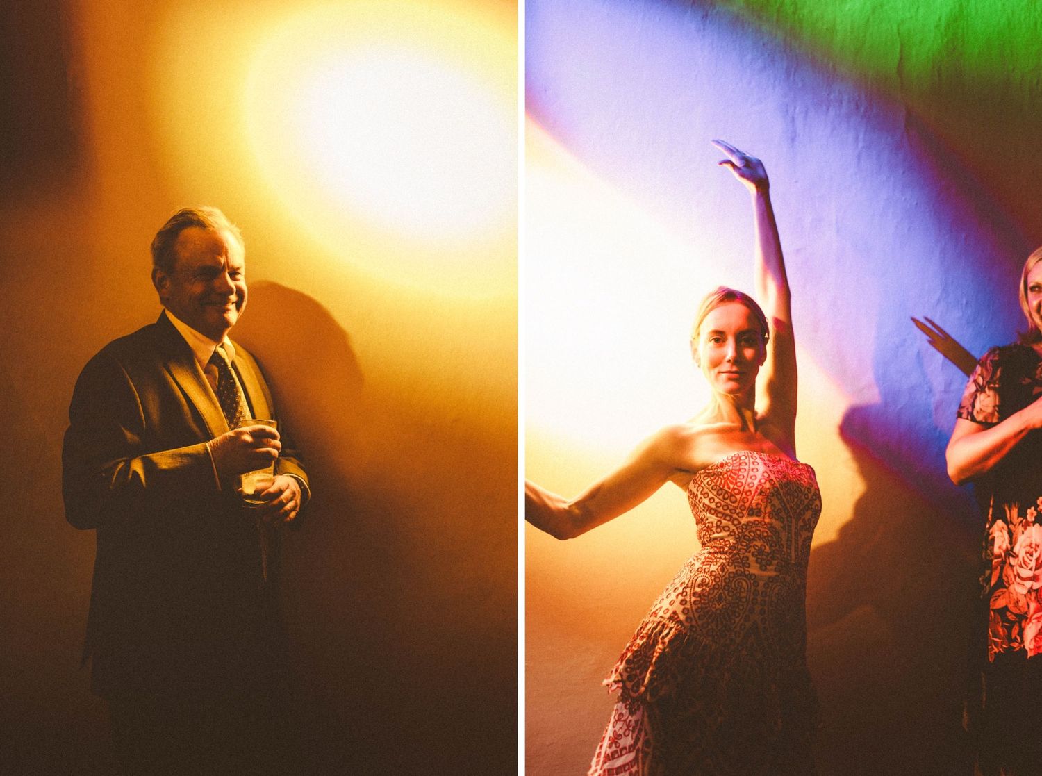 Dance party scene with silhouettes against vibrant orange and blue lighting effects.